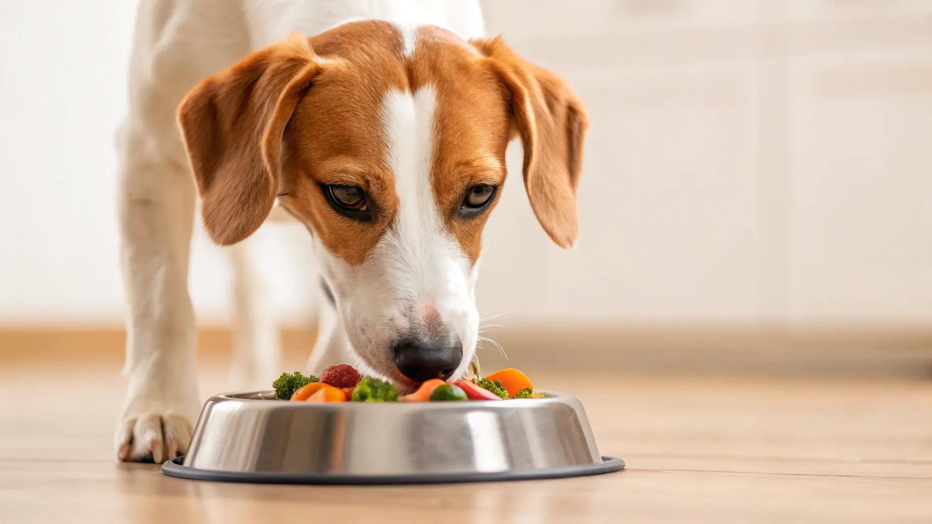 Healthy dog eating nutritious pet food from a bowl